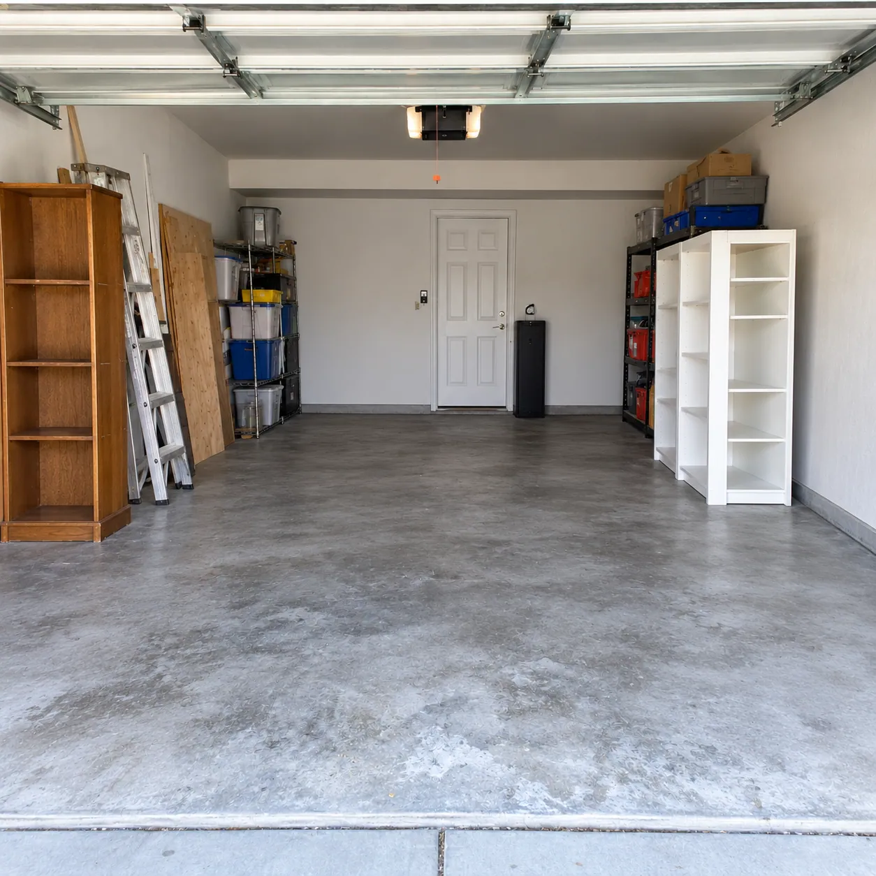 The same garage cleared back to open concrete with both bays usable again