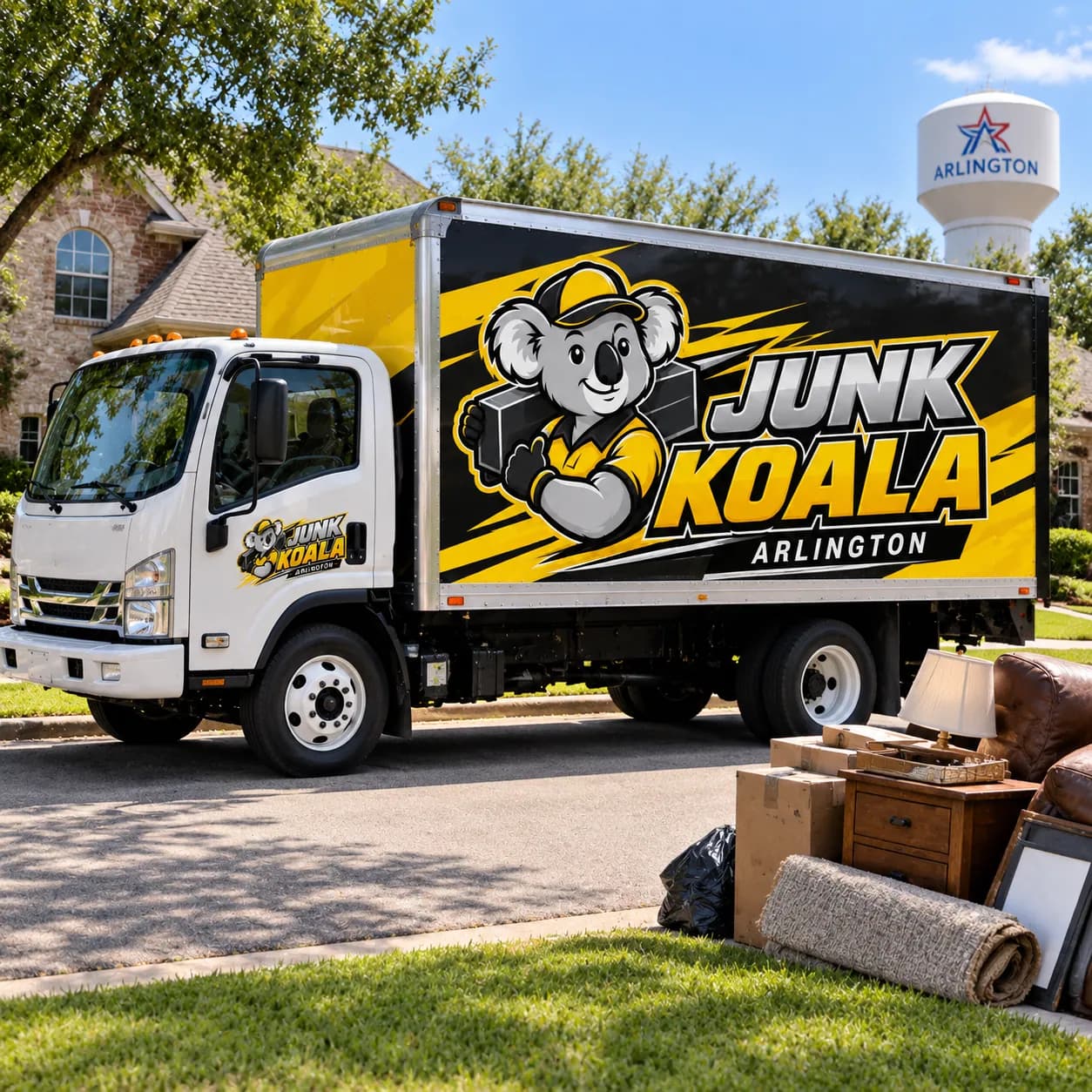 The Junk Koala Arlington box truck parked on a residential street below the Arlington water tower, with furniture waiting at the curb
