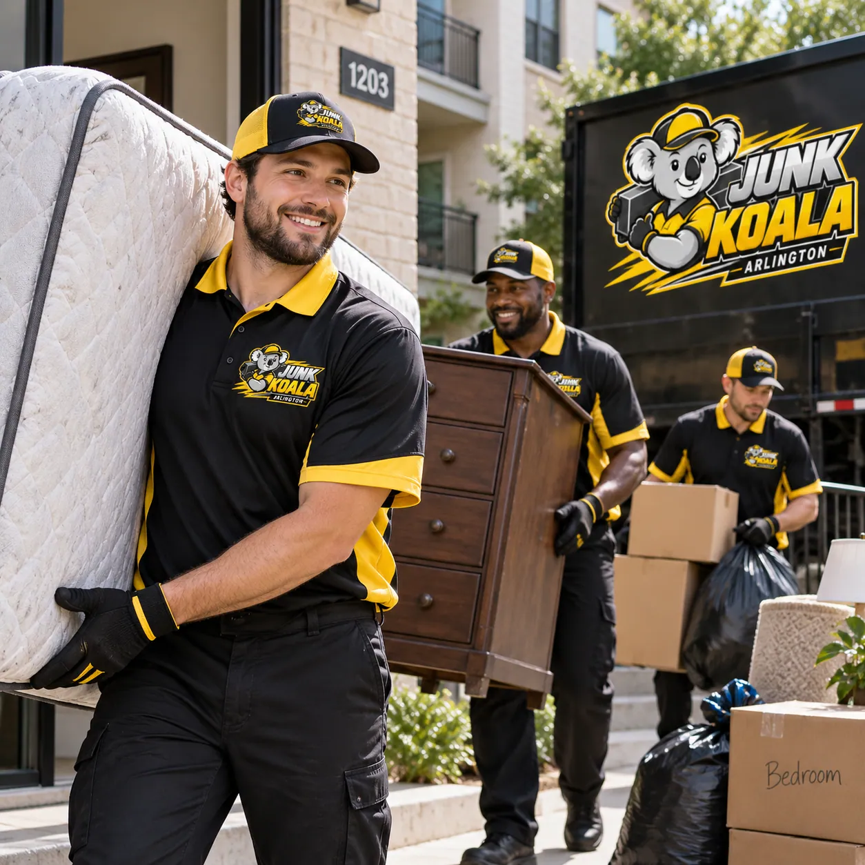 Junk Koala Arlington crew carrying a mattress and a chest of drawers out of an apartment building during a turnover