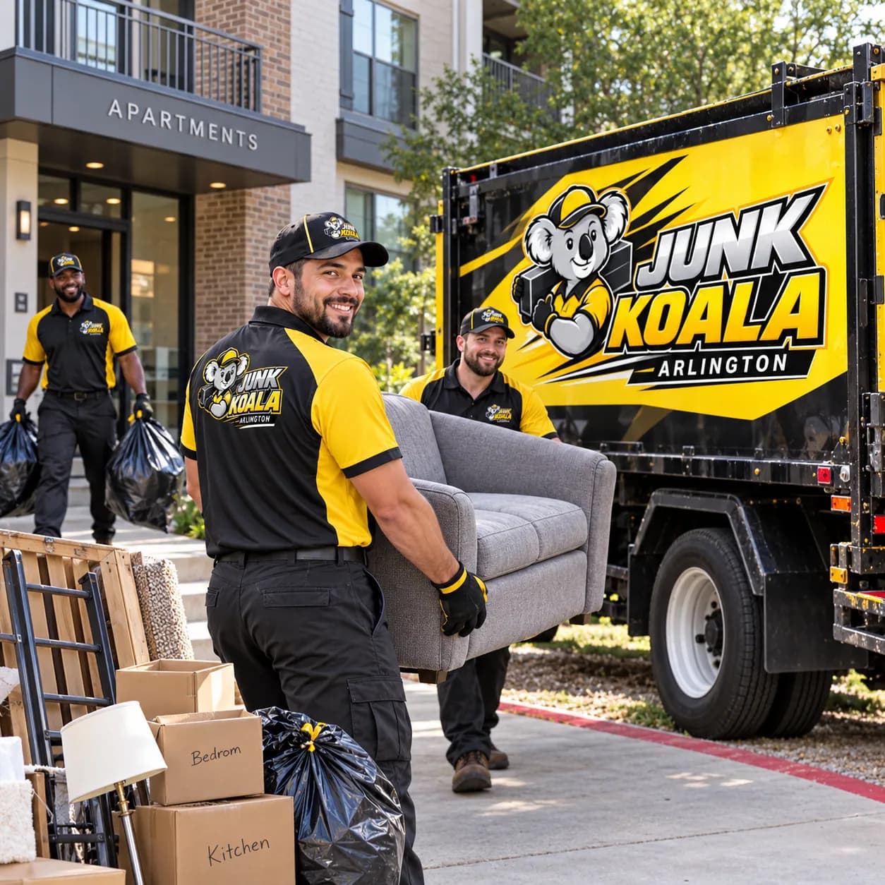 Junk Koala Arlington crew carrying a sofa out of an Arlington apartment building past boxes marked bedroom and kitchen
