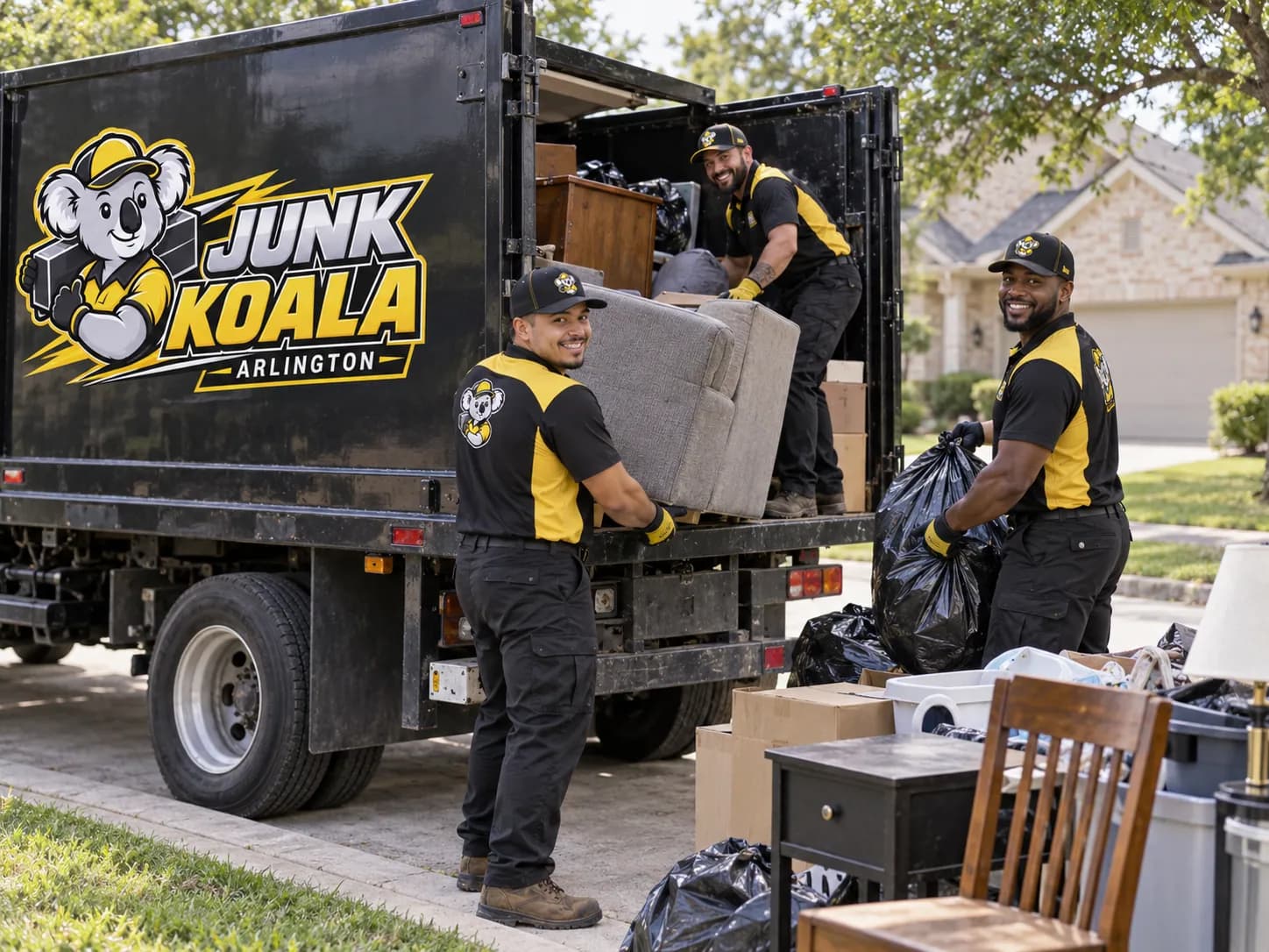 Junk Koala Arlington crew lifting a recliner and bagged junk into the open truck from a curbside pile of furniture