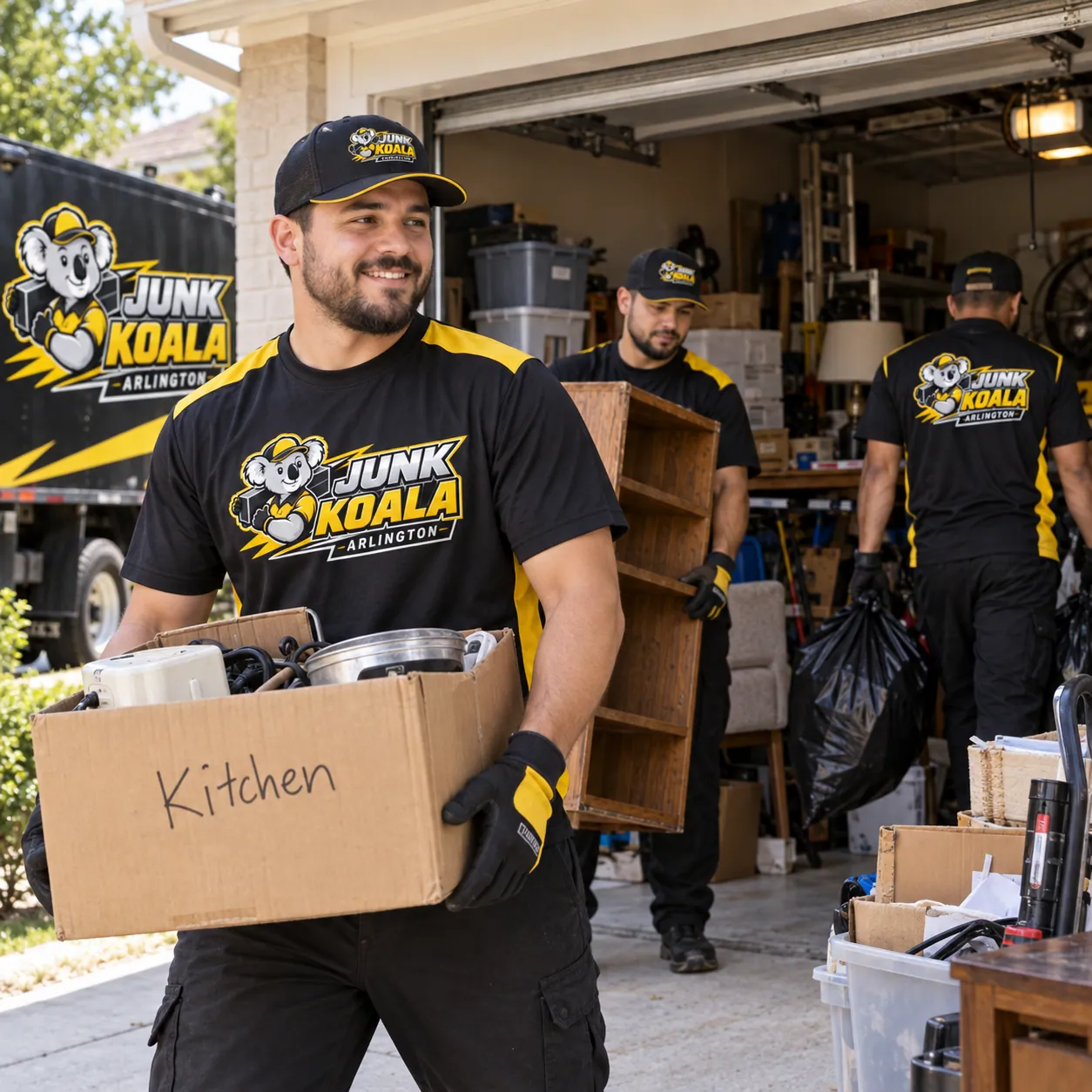 Junk Koala Arlington crew carrying a labelled kitchen box and a shelving unit out of a packed garage