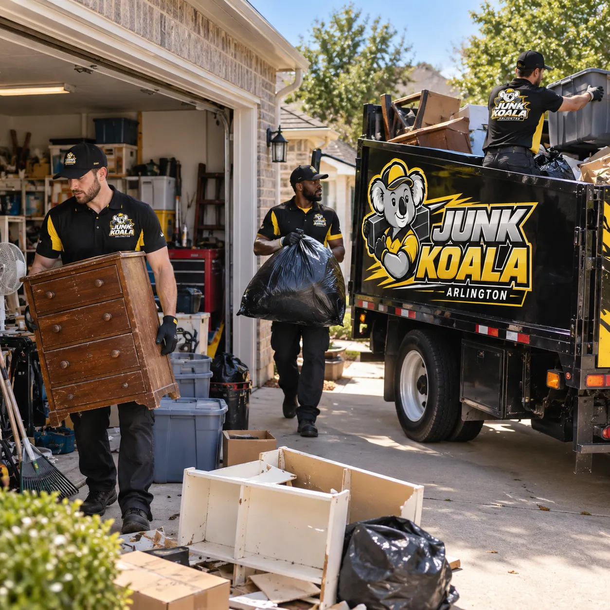 A Junk Koala Arlington crew member carrying a chest of drawers out of a full garage while a colleague follows with bagged waste