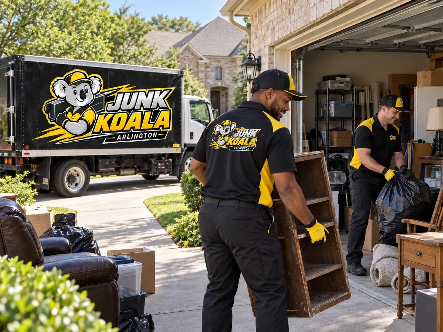 A Junk Koala Arlington crew member carrying a wooden shelving unit out of an open garage to the waiting truck