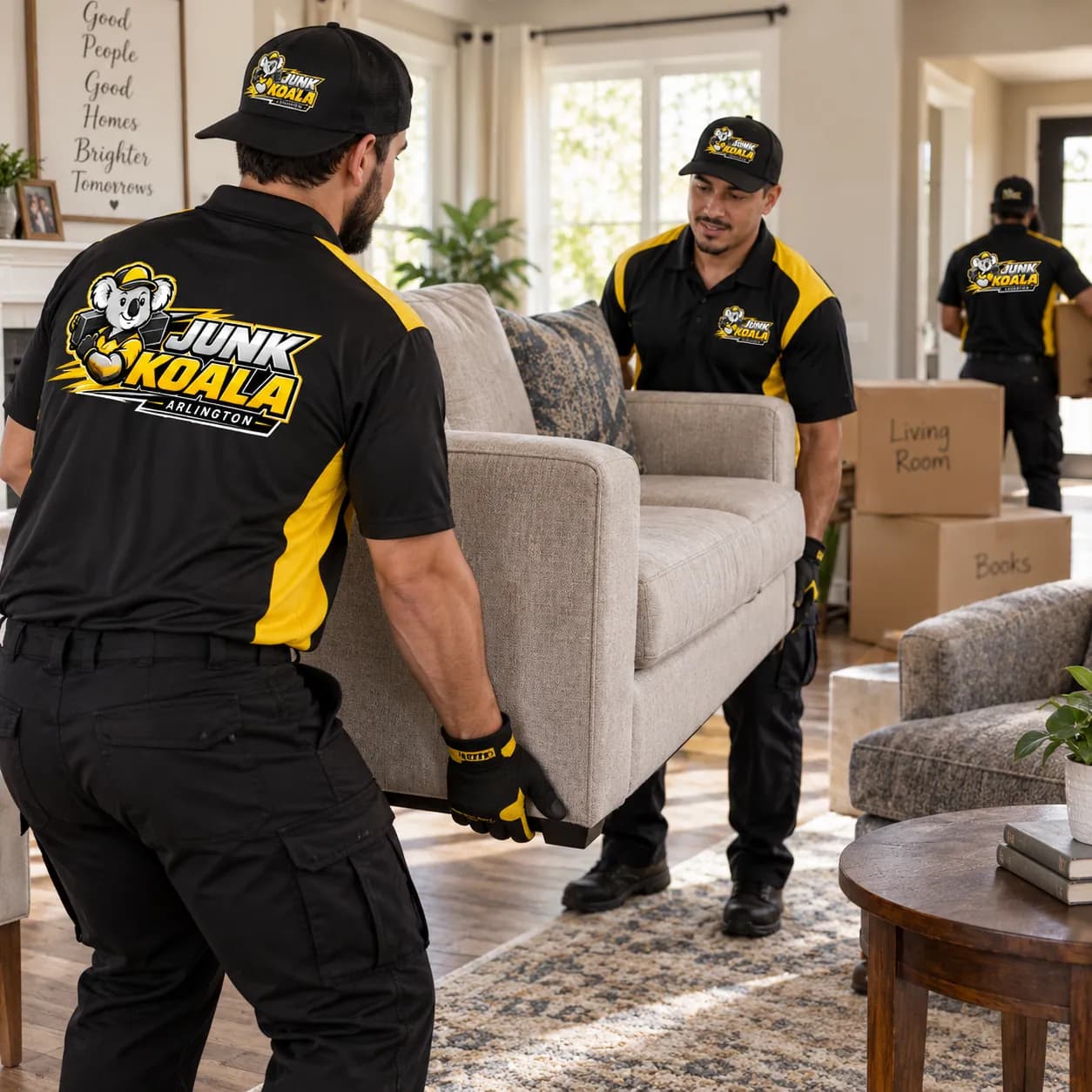 Junk Koala Arlington crew lifting a sofa inside a home during a move-out, with boxes marked living room and books stacked behind