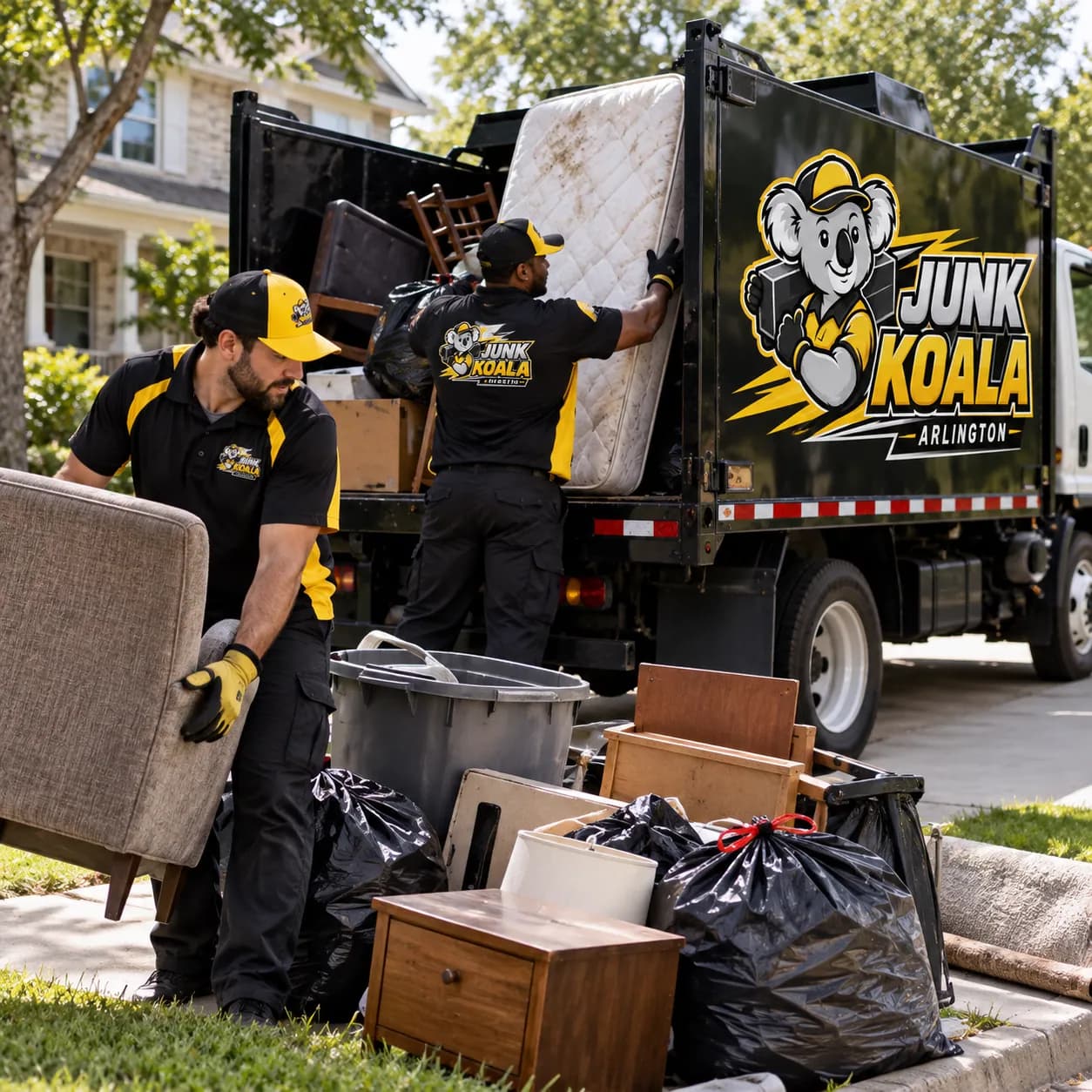 Junk Koala Arlington crew lifting a mattress into the truck beside a curbside pile of chairs, bins and bagged junk