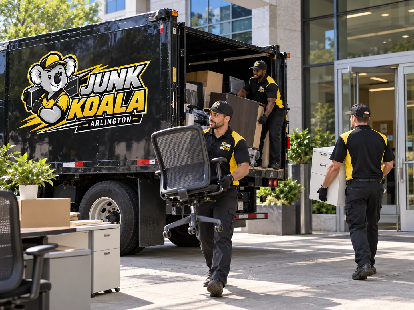 Junk Koala Arlington crew wheeling a task chair and carrying boxes out of a glass-fronted office to the branded truck