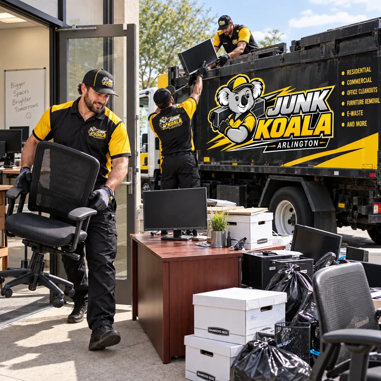 Junk Koala Arlington crew carrying a task chair and a monitor out of an office past desks, file boxes and bagged waste