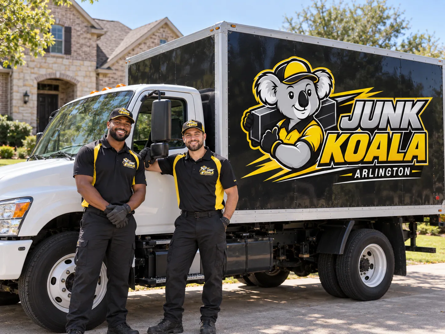 Two uniformed Junk Koala Arlington crew members standing at the back of the branded box truck on a brick home driveway