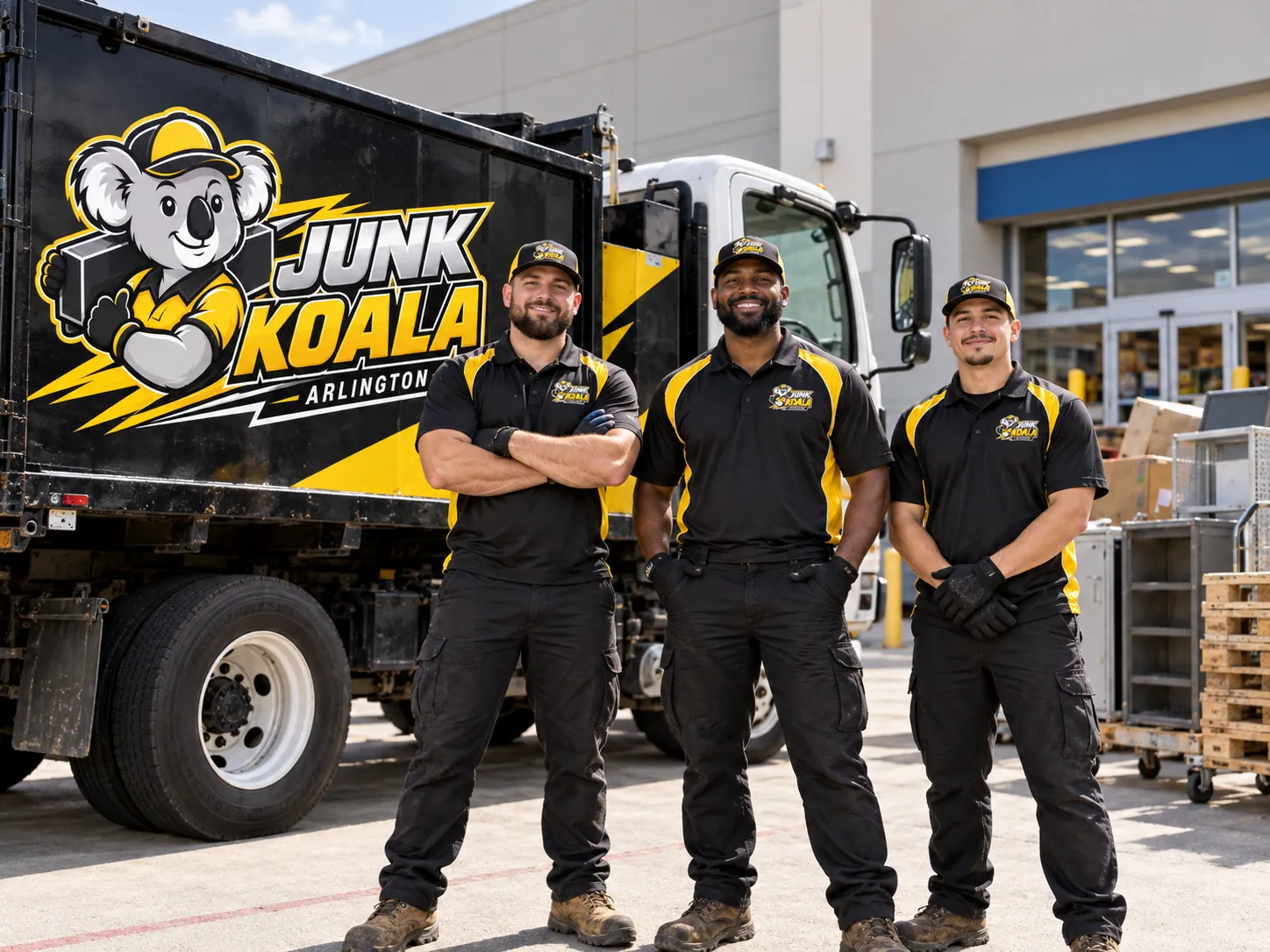 Three Junk Koala Arlington crew members standing in front of the branded truck outside a retail storefront