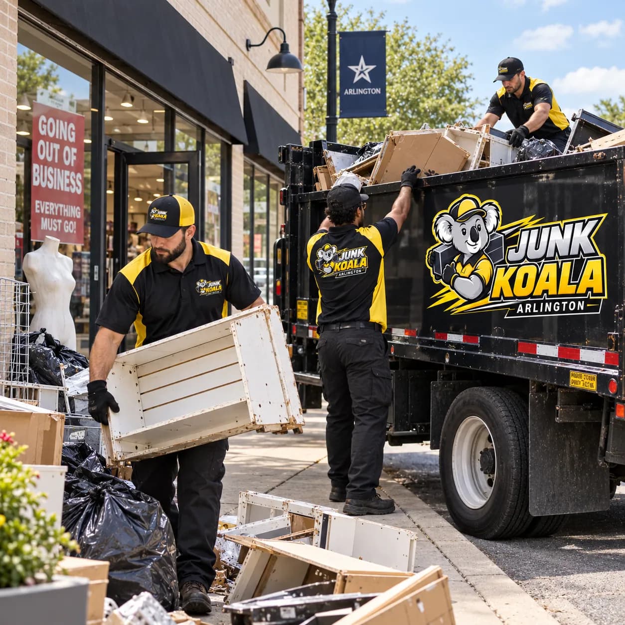 Junk Koala Arlington crew loading shelving and display fixtures from a storefront running a closing-down sale