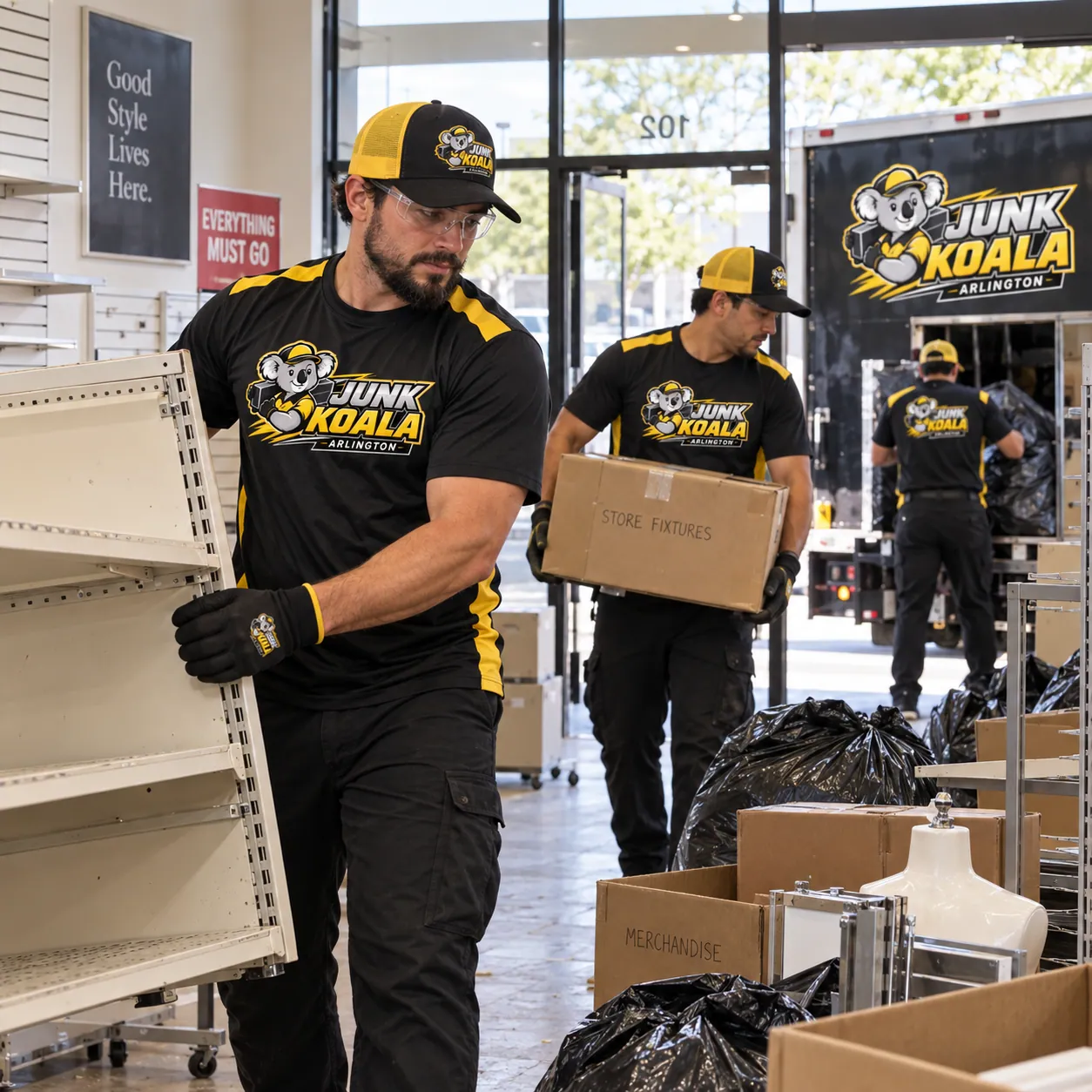 Junk Koala Arlington crew carrying gondola shelving and a box marked store fixtures out of a closing retail unit