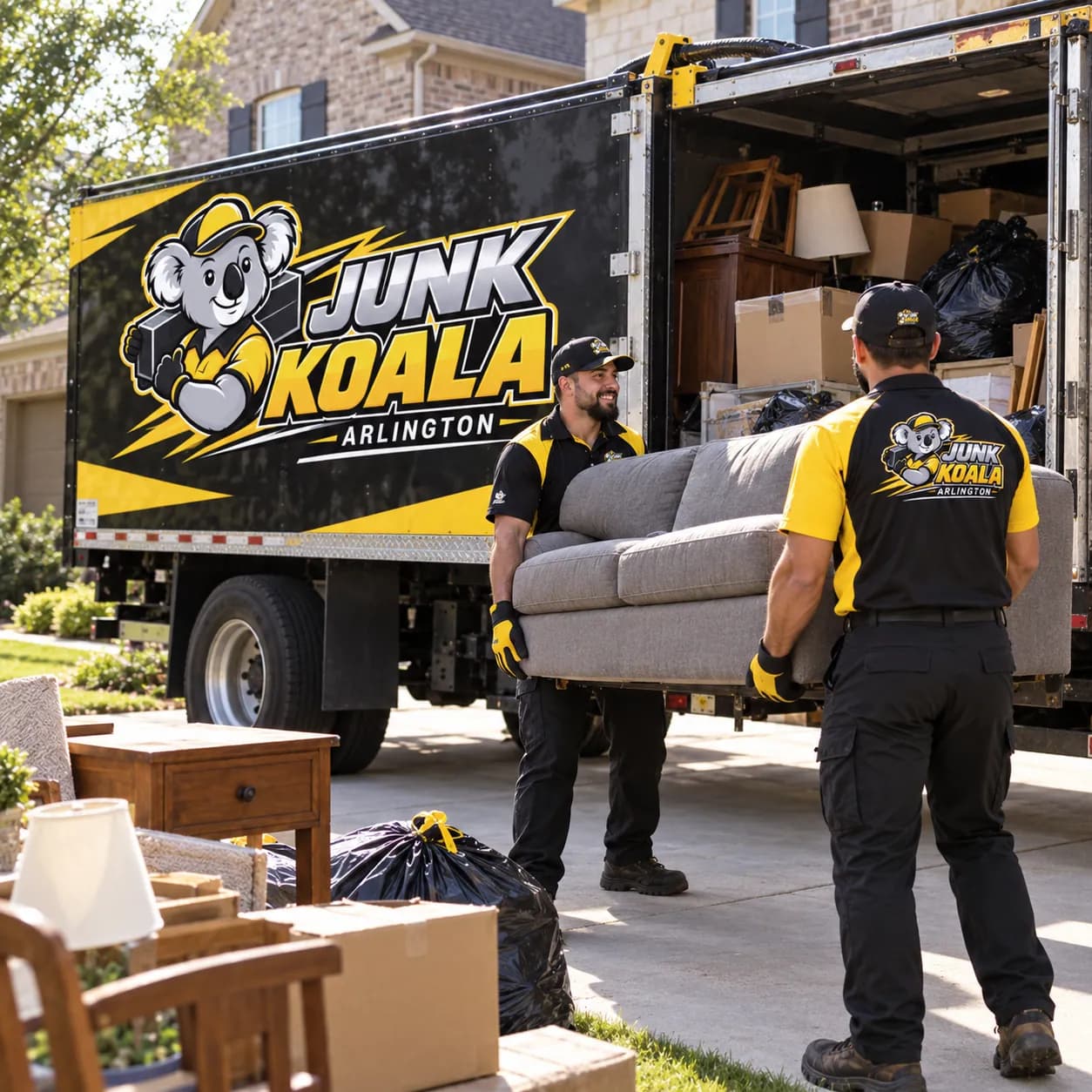 Two Junk Koala Arlington crew members carrying a sofa to the truck past a curbside load of side tables and boxes