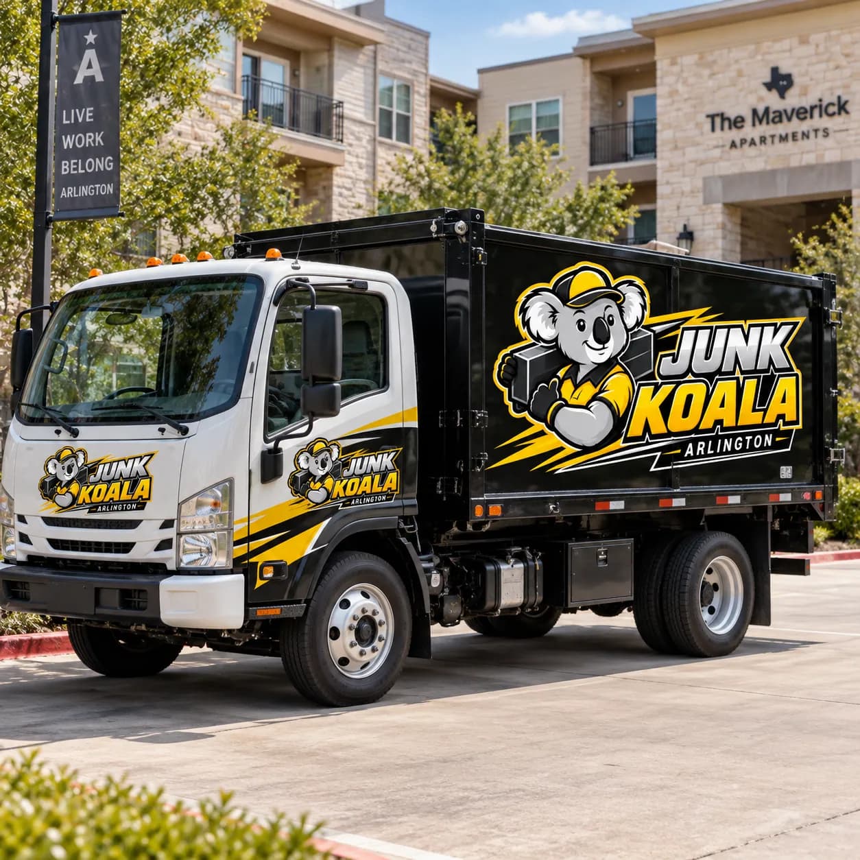 The Junk Koala Arlington dump truck working outside an Arlington apartment community leasing office