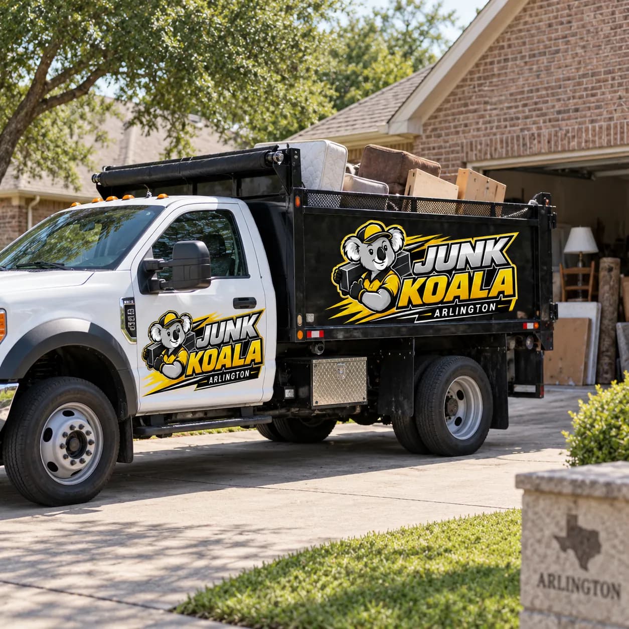 A loaded Junk Koala Arlington dump truck on a driveway beside an open garage stacked with furniture and boxes