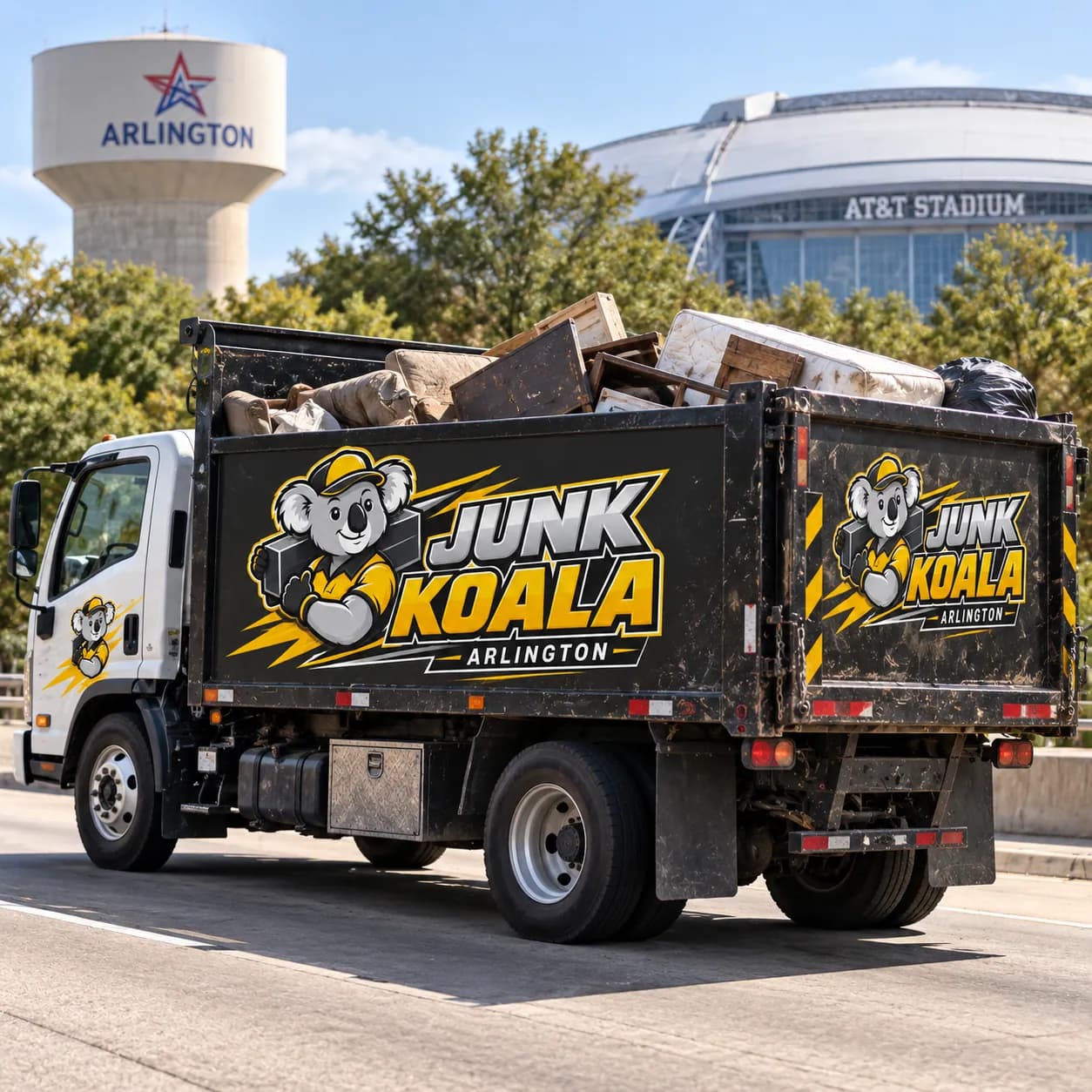 A loaded Junk Koala Arlington dump truck stacked with timber and furniture, the Arlington water tower and stadium roof behind it