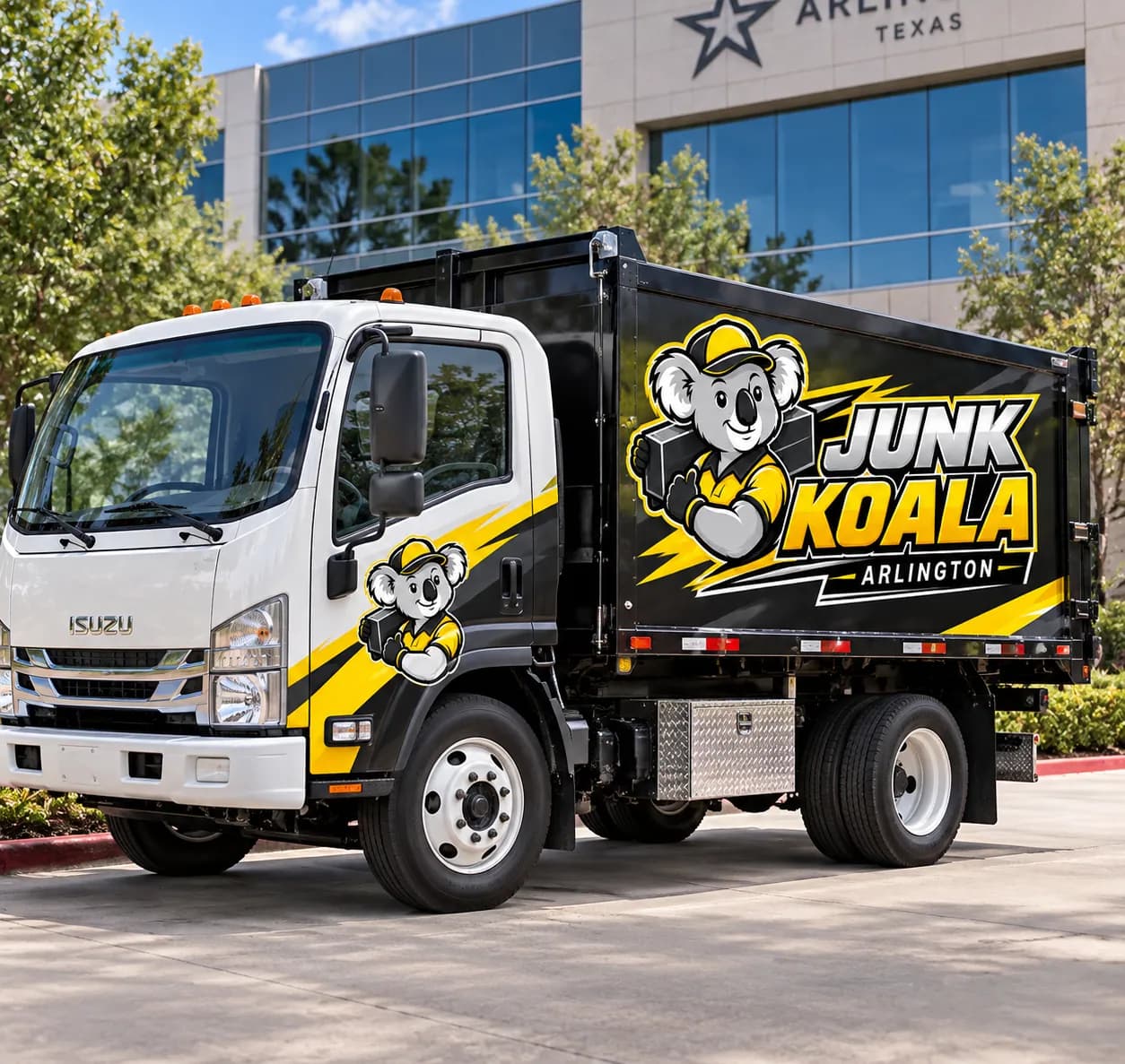 The Junk Koala Arlington dump truck parked outside a glass-fronted Arlington office building