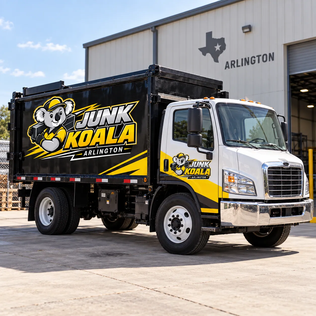 The Junk Koala Arlington dump truck backed up to the roller door of an Arlington warehouse unit