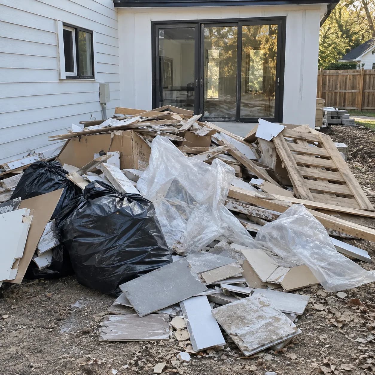 An exterior construction debris pile of siding, drywall and timber beside a house
