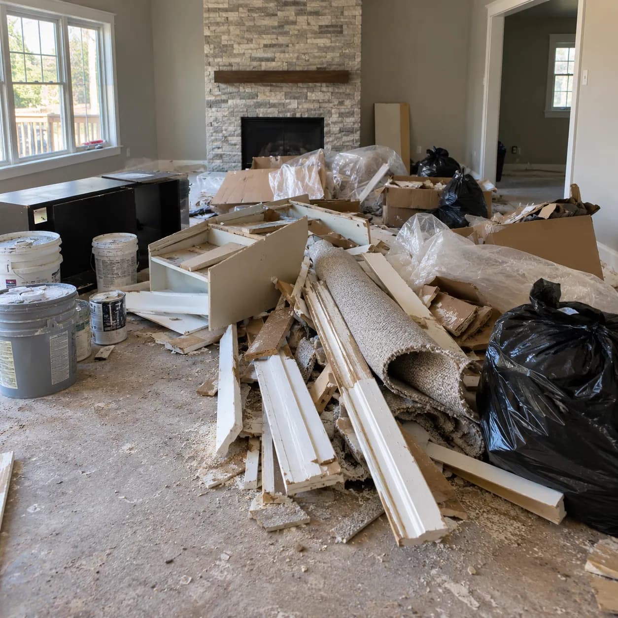 Torn-out trim, molding, drywall offcuts and debris bags piled in a home midway through a remodel