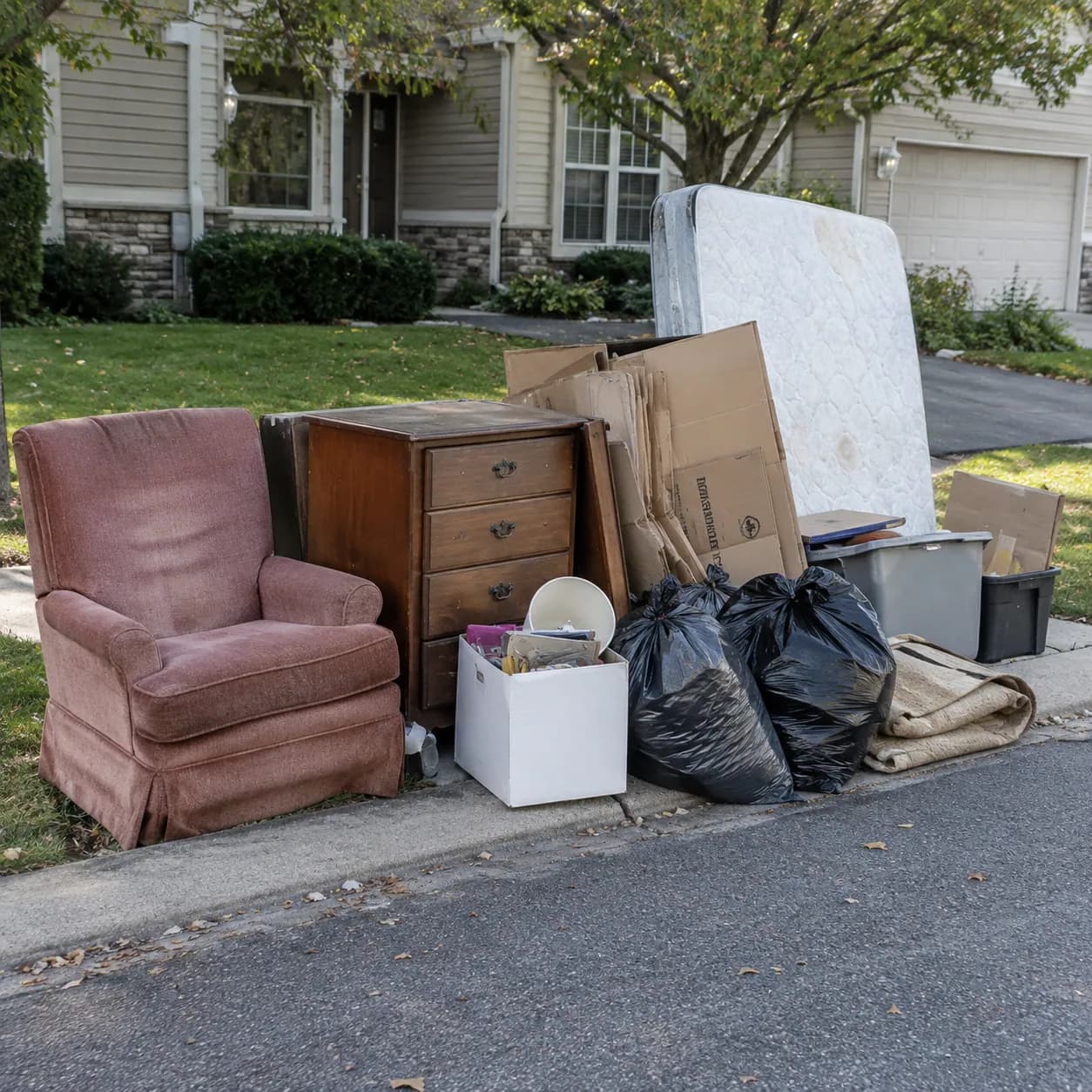 A curbside pile of a recliner, a dresser, boxes and trash bags outside a suburban home