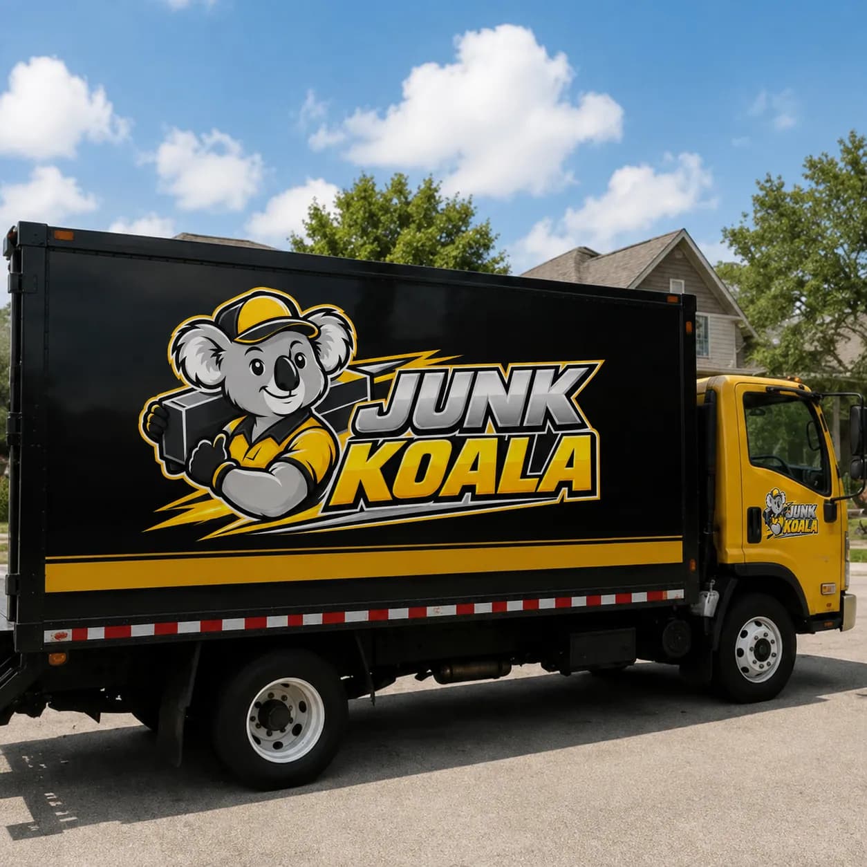 A Junk Koala box truck waiting on a residential driveway with its rear shutter down