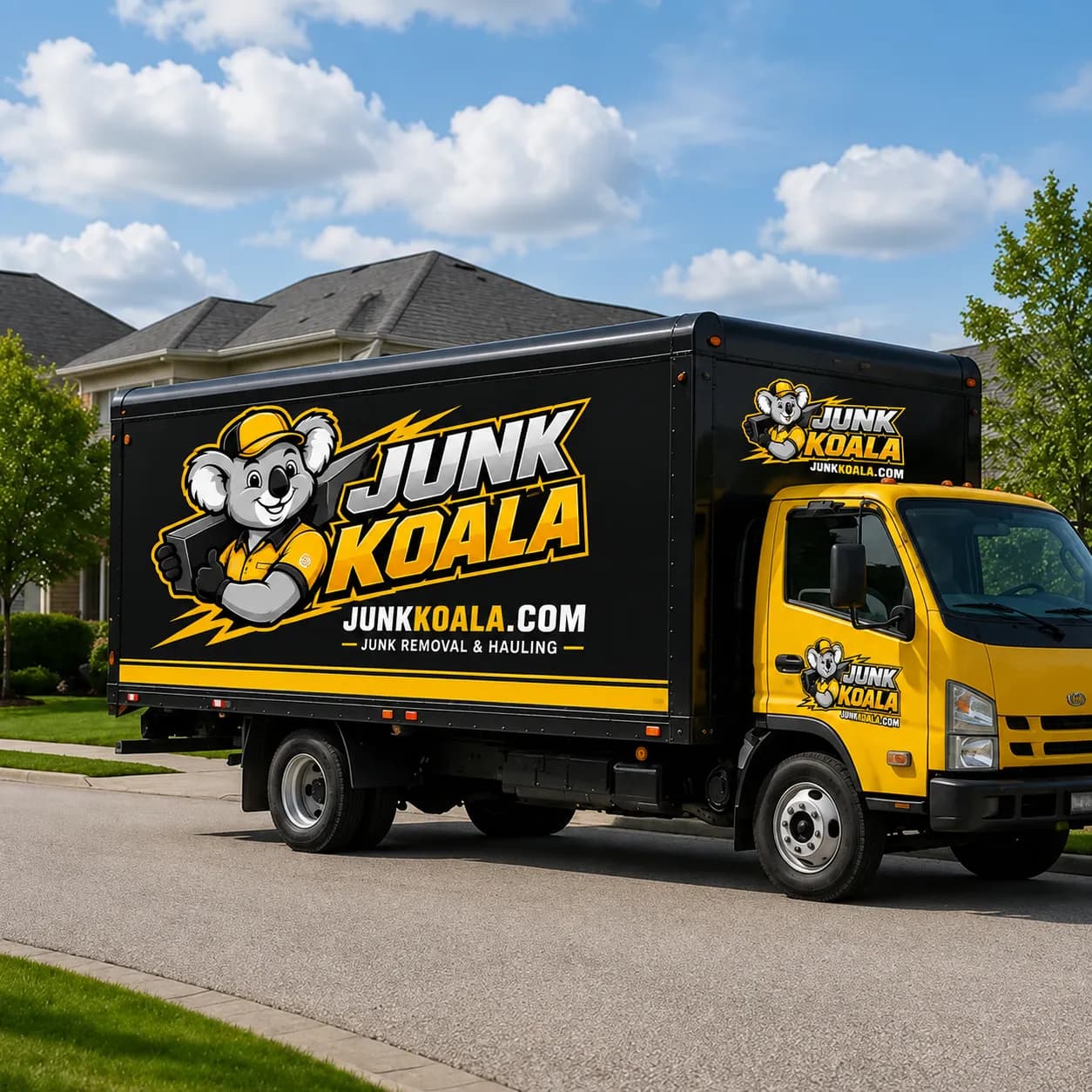 A Junk Koala box truck parked on a quiet residential street on a clear day