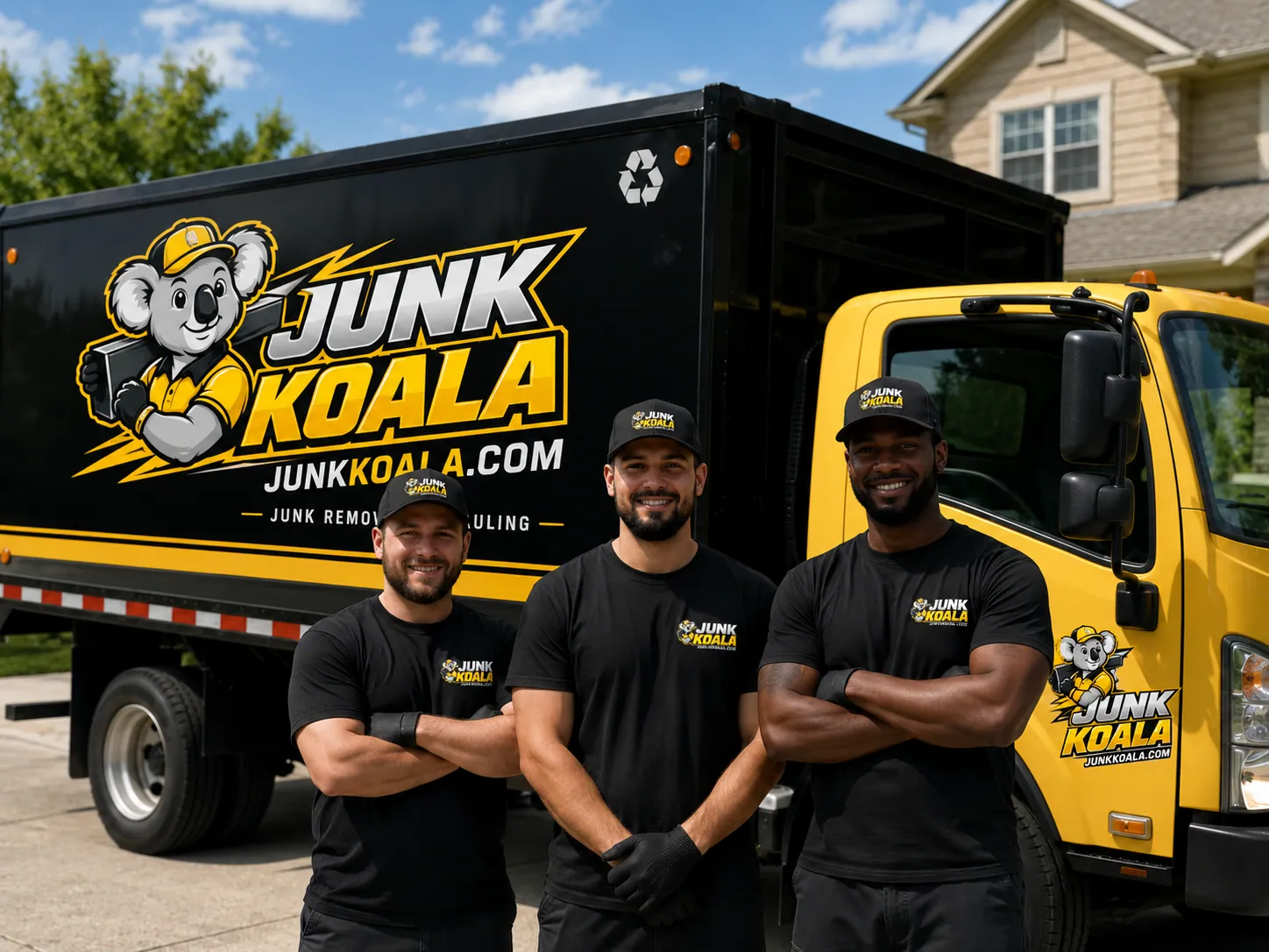Three Junk Koala crew members standing in front of a branded flatbed truck outside a suburban home