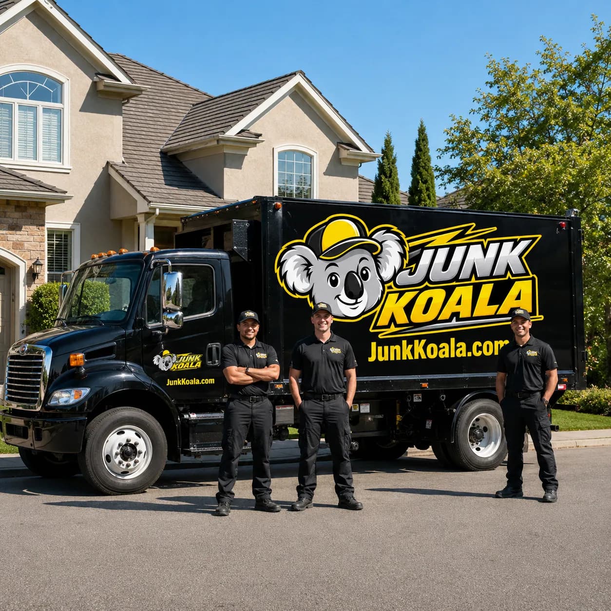 A Junk Koala truck and crew of three in the driveway of a two-story home