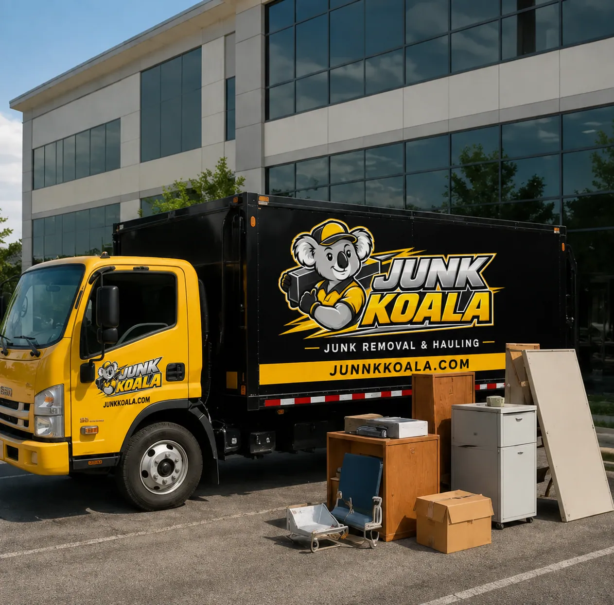 A Junk Koala truck parked outside an office building beside a load of desks, filing cabinets and chairs