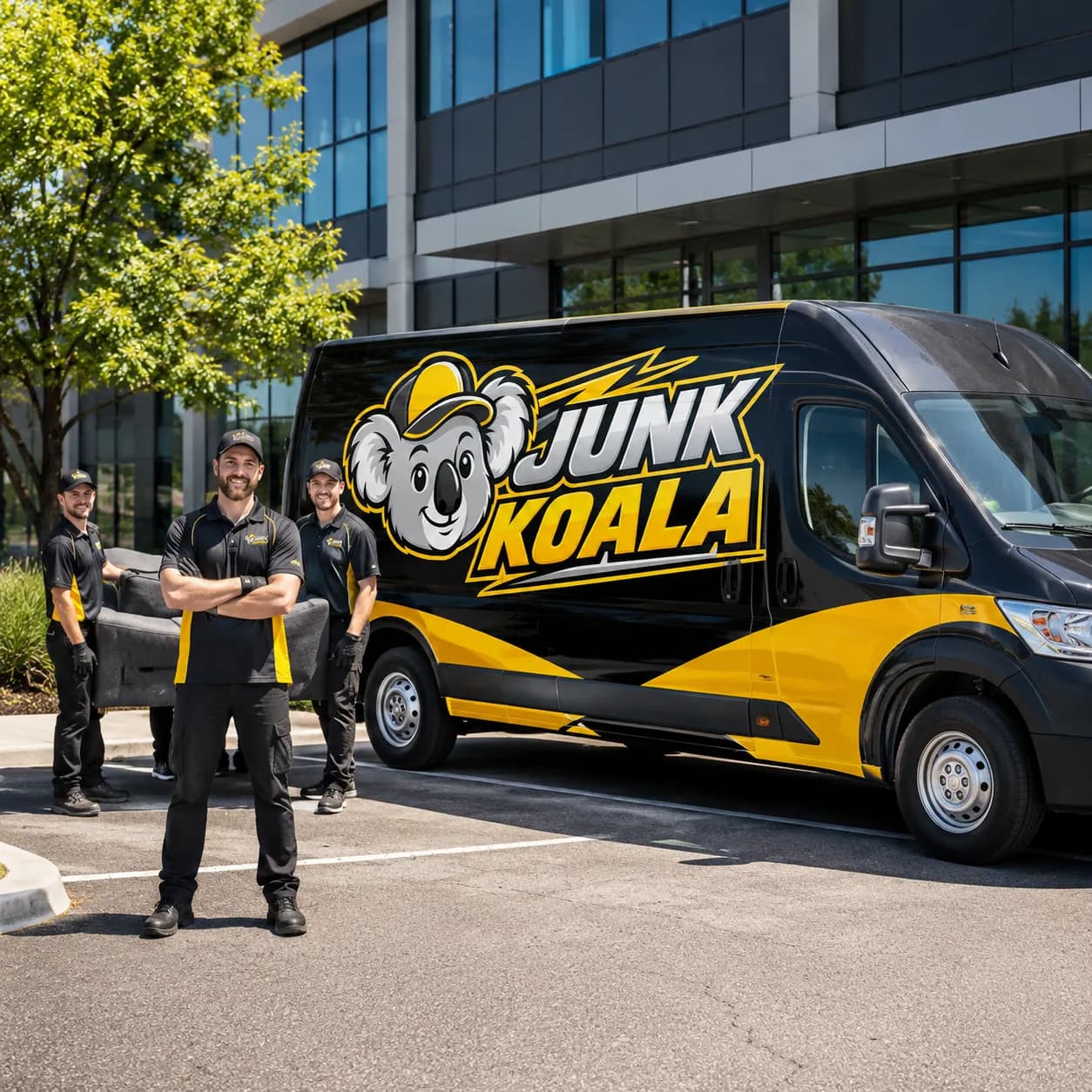A Junk Koala crew member carrying an office chair to a branded van outside a glass office building